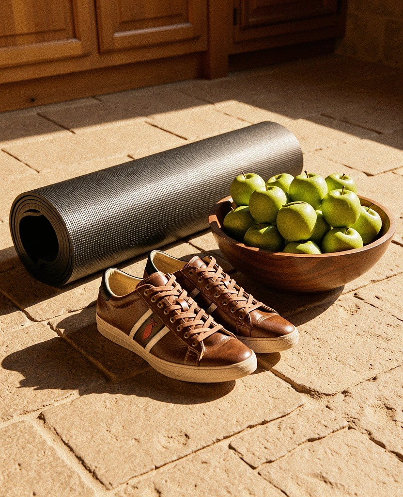 Balanced lifestyle elements including fruit and movement gear